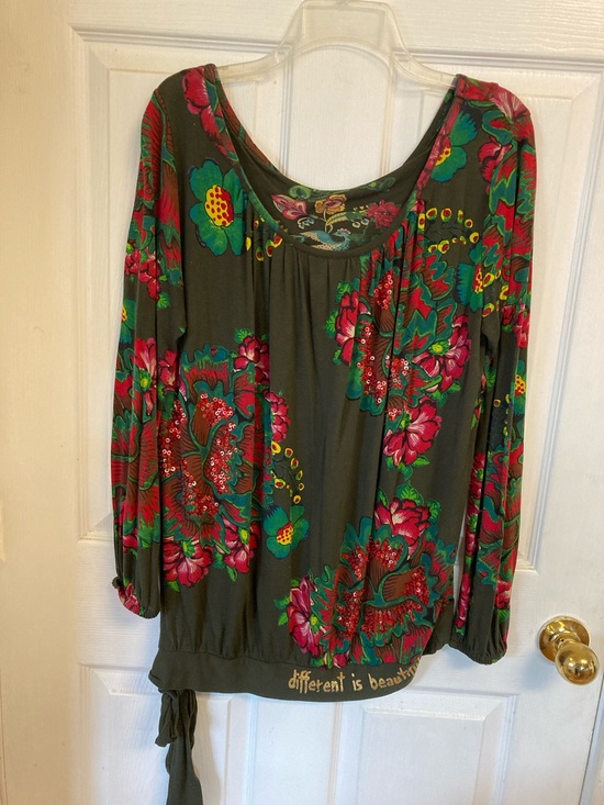 Desigual Tops - Desigual Olive Tunic “different is beautiful”with Pink & Green Floral Print